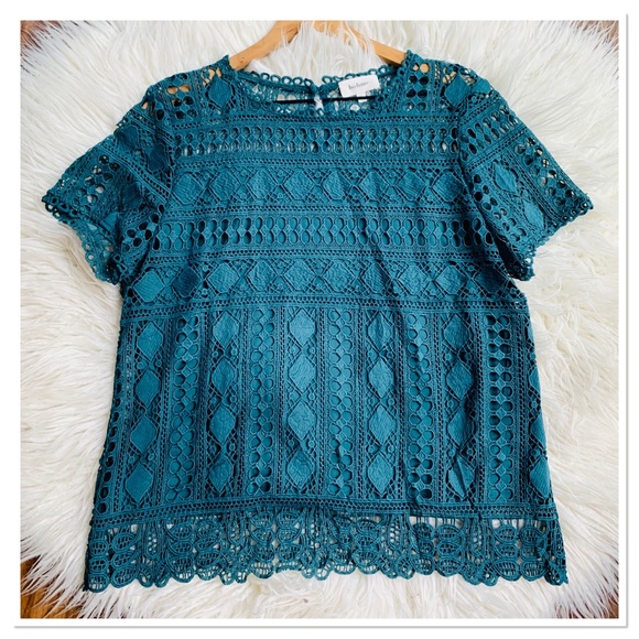 bohme Tops - Bohme Lace Crochet Blouse Top Emerald Green Short Sleeve Size XL